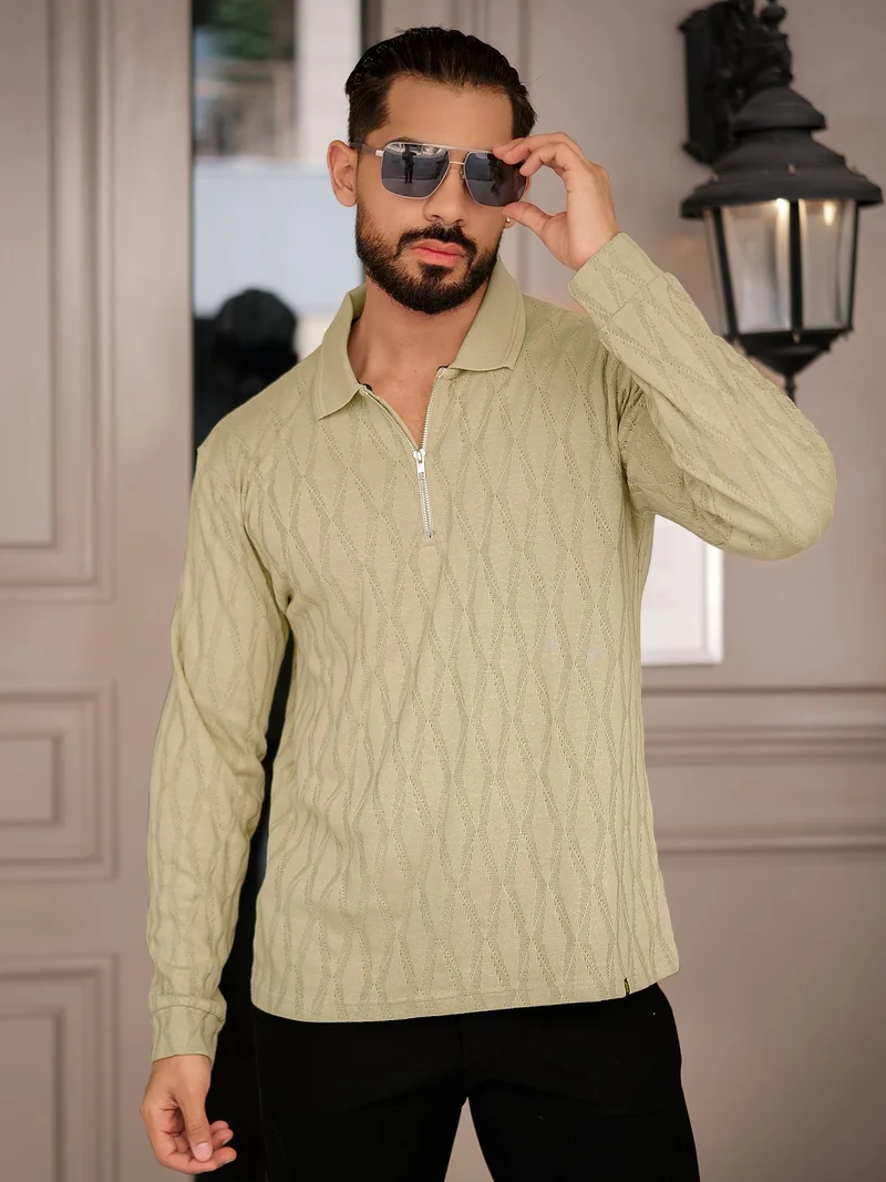 مانياك Maniac Mens Stripes Full Sleeve Half Zipper Regular Fit Bottle Green and Black Cotton Polo T-shirt